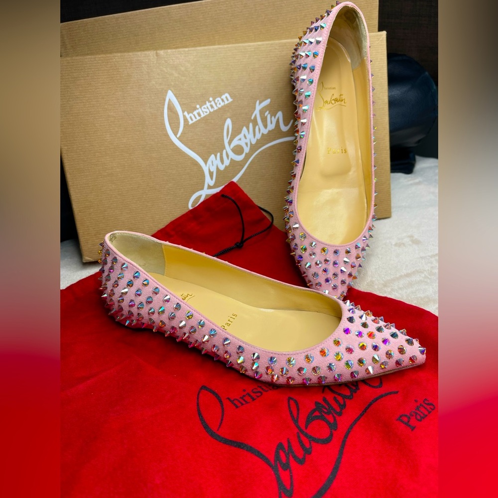 CHRISTIAN LOUBOUTIN KRYSTALIC FLAT SUEDE/CRYSTAL SPYKES